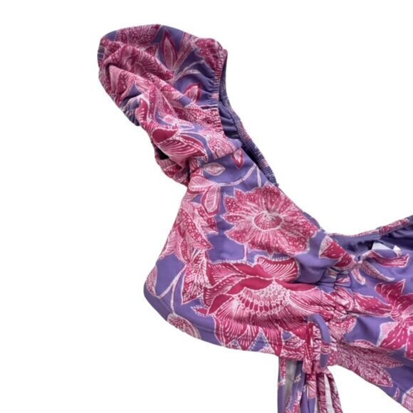 Pink Purple Floral Bikini Swim Top Size Medium Stretch Adj Straps Puff Sleeves - Picture 2 of 10